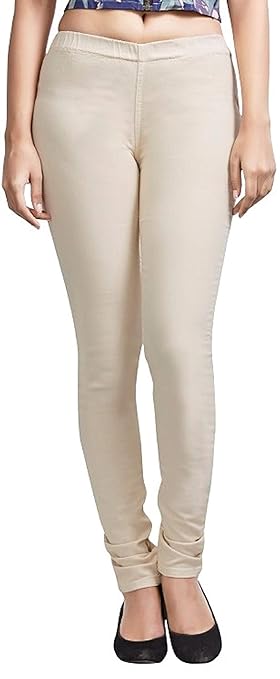 Beige women's slim fit denim jeggings by FIZZI SHOP with stretchable fabric and classic design, shown on a model.