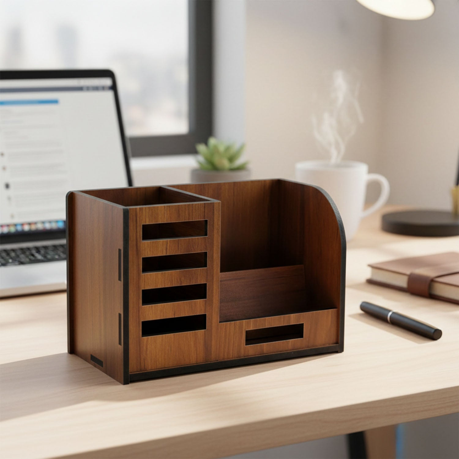 Wukusy wooden desk organizer with phone stand, pen holder, and card holder on a workspace desk.