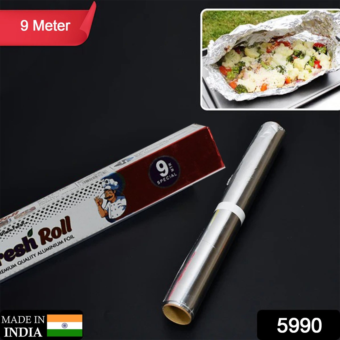 Wukusy 5990 heavy-duty aluminum foil roll, non-stick and thick, ideal for baking and grilling, shown unrolled on a kitchen surface.