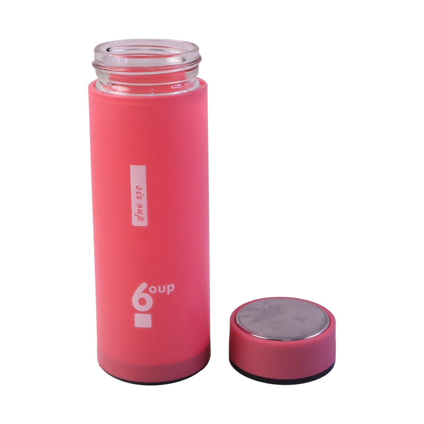 Wukusy premium glass water bottle with silicone sleeve and leak-proof cap, 400ml, showing the sleek design and secure lid.