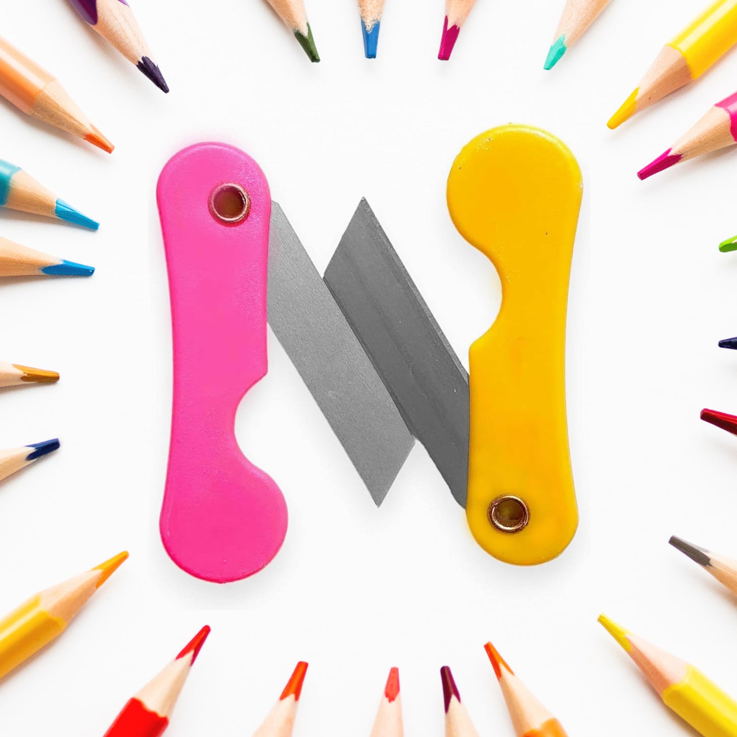 Pack of 12 multicolour mini paper cutter knives for office use, featuring compact design and sharp blades by Wukusy.