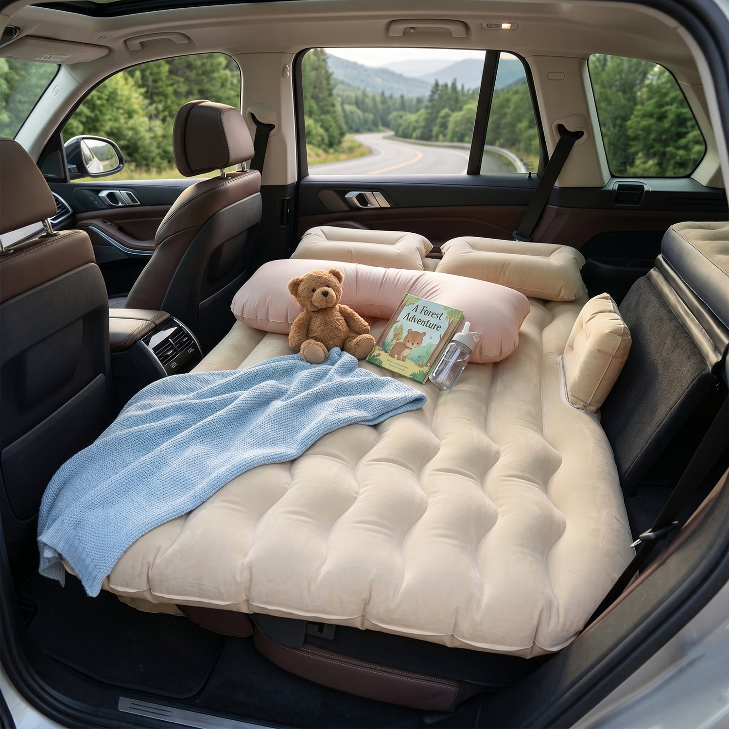 Wukusy car air mattress bed set with inflatable cushions and pump, featuring a mix of designs, suitable for car travel and camping.