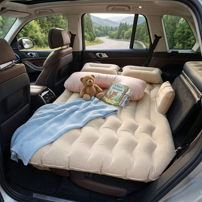Wukusy car air mattress bed set with inflatable cushions and pump, featuring a mix of designs, suitable for car travel and camping.