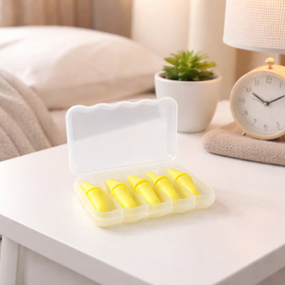 Wukusy soft reusable foam ear plugs with storage case, shown in a close-up image, designed for noise reduction and comfort.