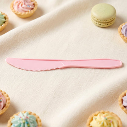 Set of 24 reusable multicolor plastic dessert knives by Wukusy, perfect for parties and gatherings.