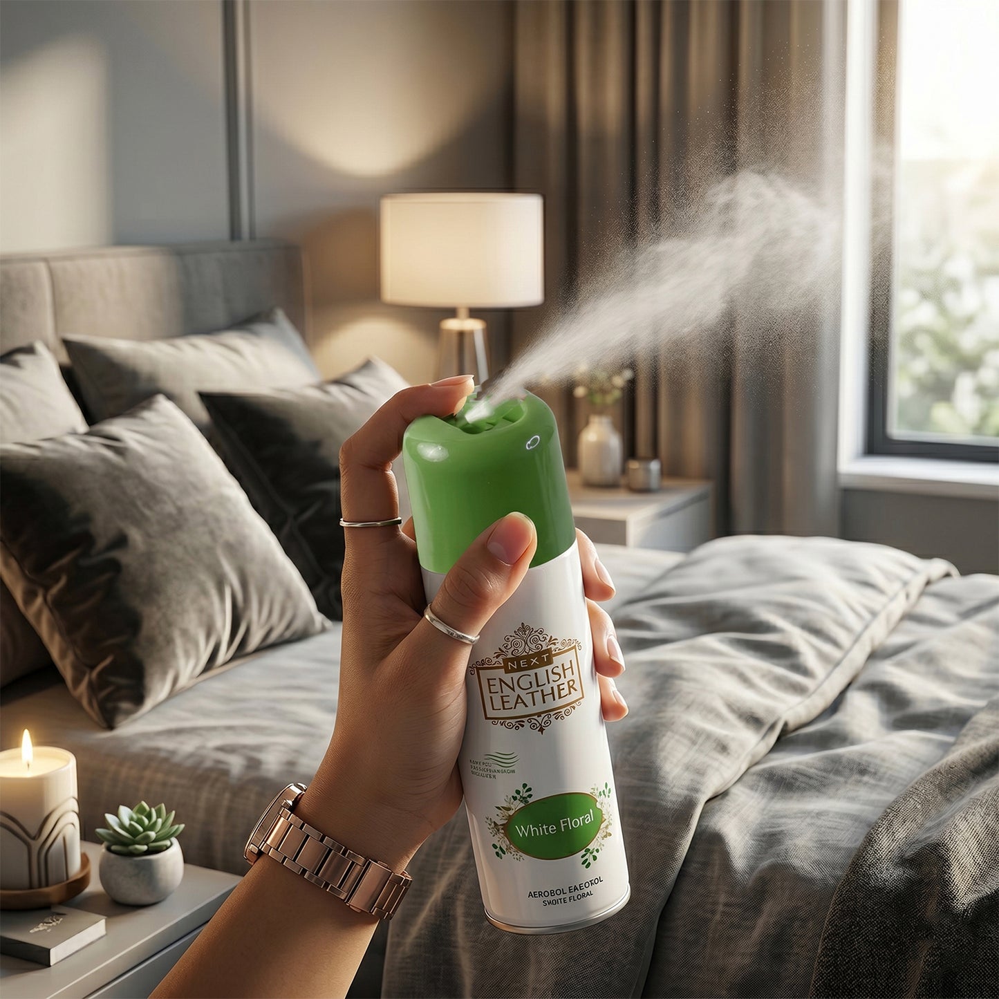 Wukusy Next English Leather floral air freshener spray in 220ml bottle, featuring white floral design and elegant packaging.