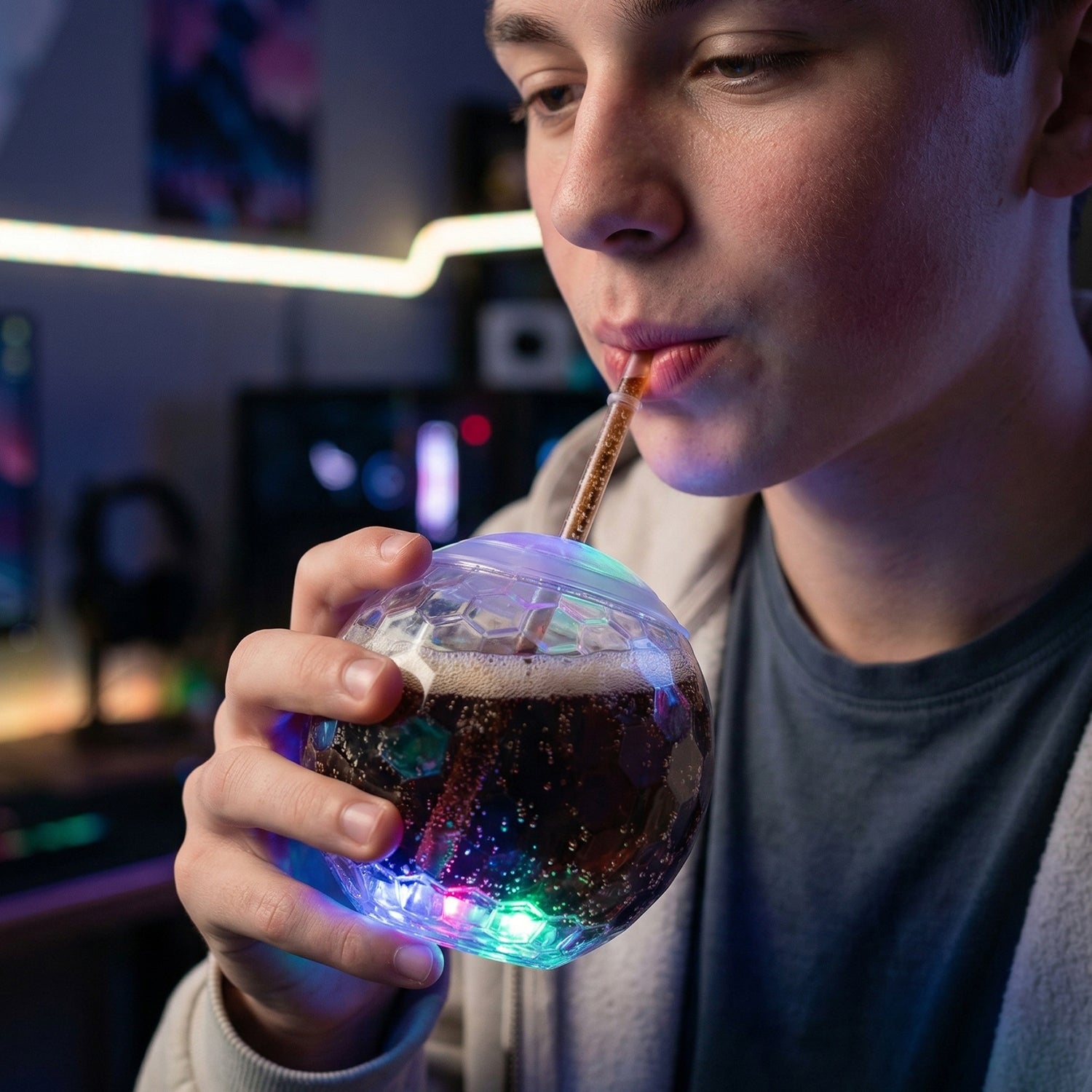 Wukusy LED glow drink cup with straw, illuminated plastic cup for beverages, showing glowing light and colorful design.