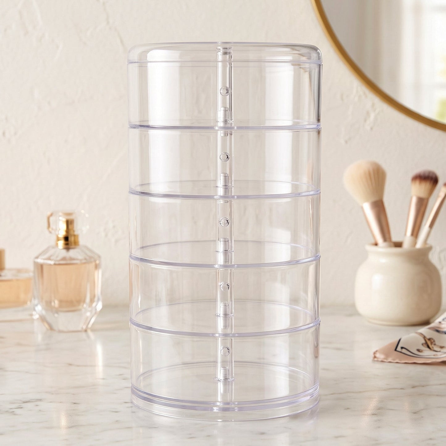 Wukusy 5-layer rotating jewelry storage box with compartments for rings, earrings, and watches, showcasing organized jewelry storage.