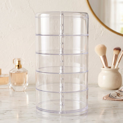 Wukusy 5-layer rotating jewelry storage box with compartments for rings, earrings, and watches, showcasing organized jewelry storage.