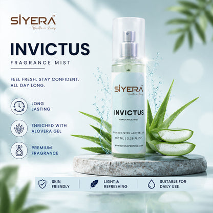 Wukusy Siyera Invictus fragrance mist body spray with aloe vera gel, 100ml bottle featuring a sleek design and colorful label.