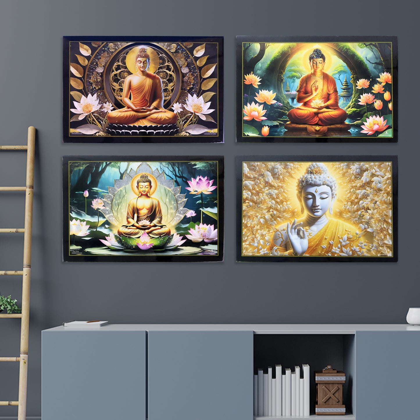 Decorative Lord Buddha wall painting with wooden frame, featuring a mix design, 45x30 cm, ideal for home decor by Wukusy