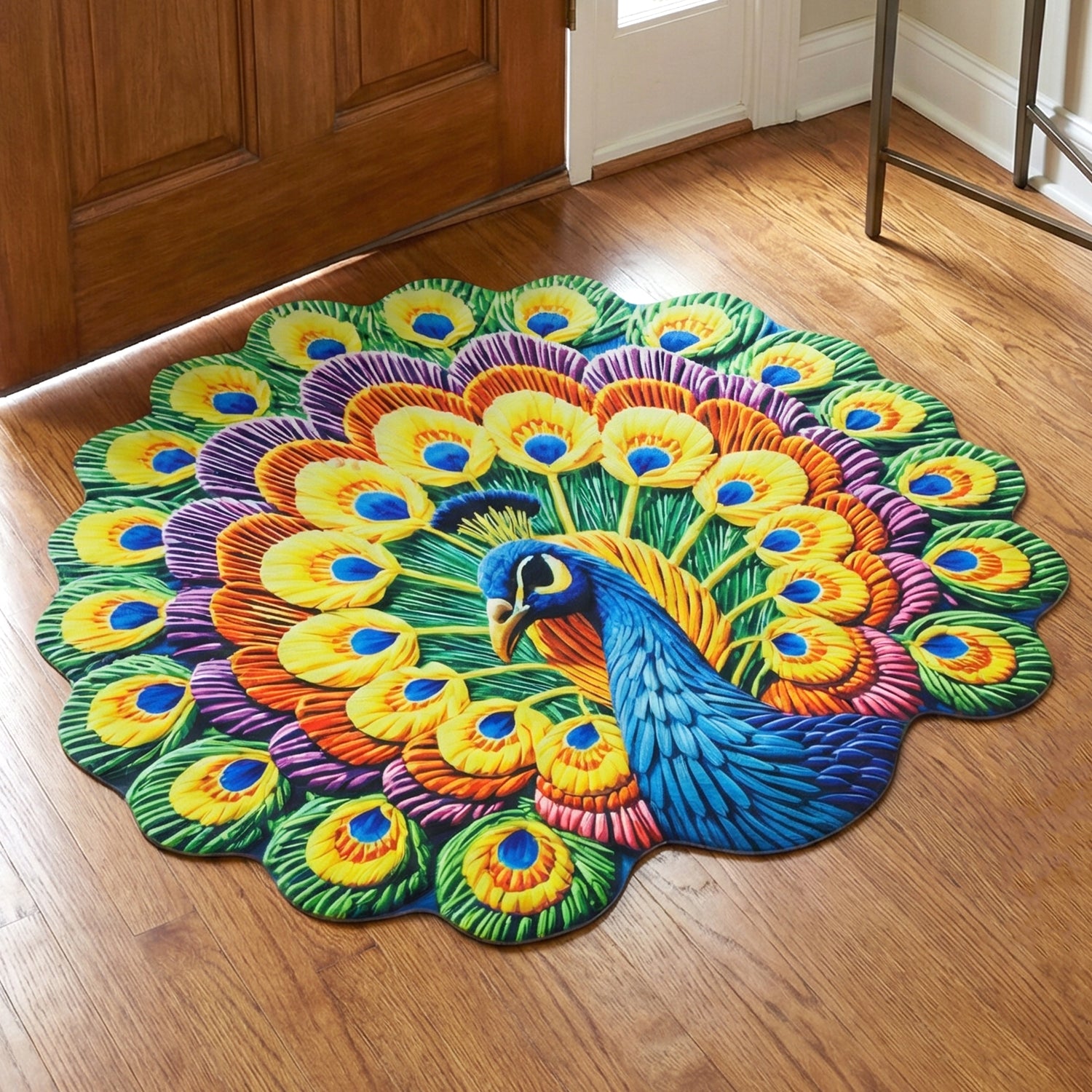 Peacock design decorative floor mat by Wukusy, 58x58 cm, featuring vibrant peacock artwork and intricate patterns.