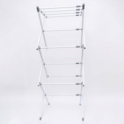 Wukusy 3-tier folding clothes drying rack with multiple bars for laundry, suitable for balcony use, compact and adjustable.