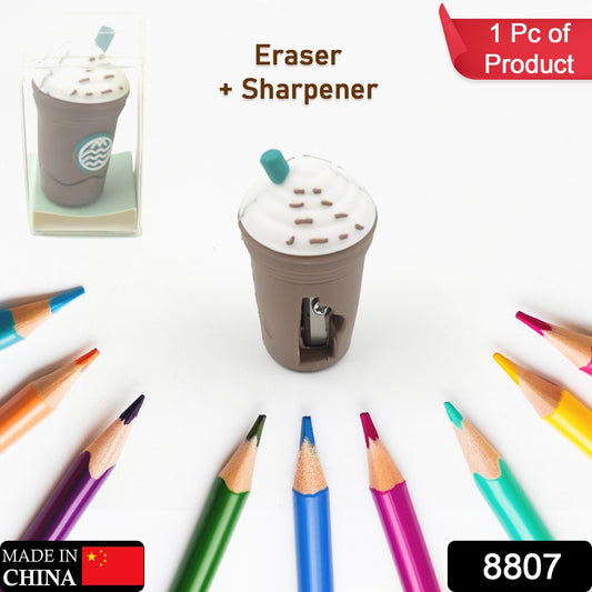Wukusy 2-in-1 3D cute coffee and ice cream shape manual pencil sharpener for kids, ideal for school and educational supplies.