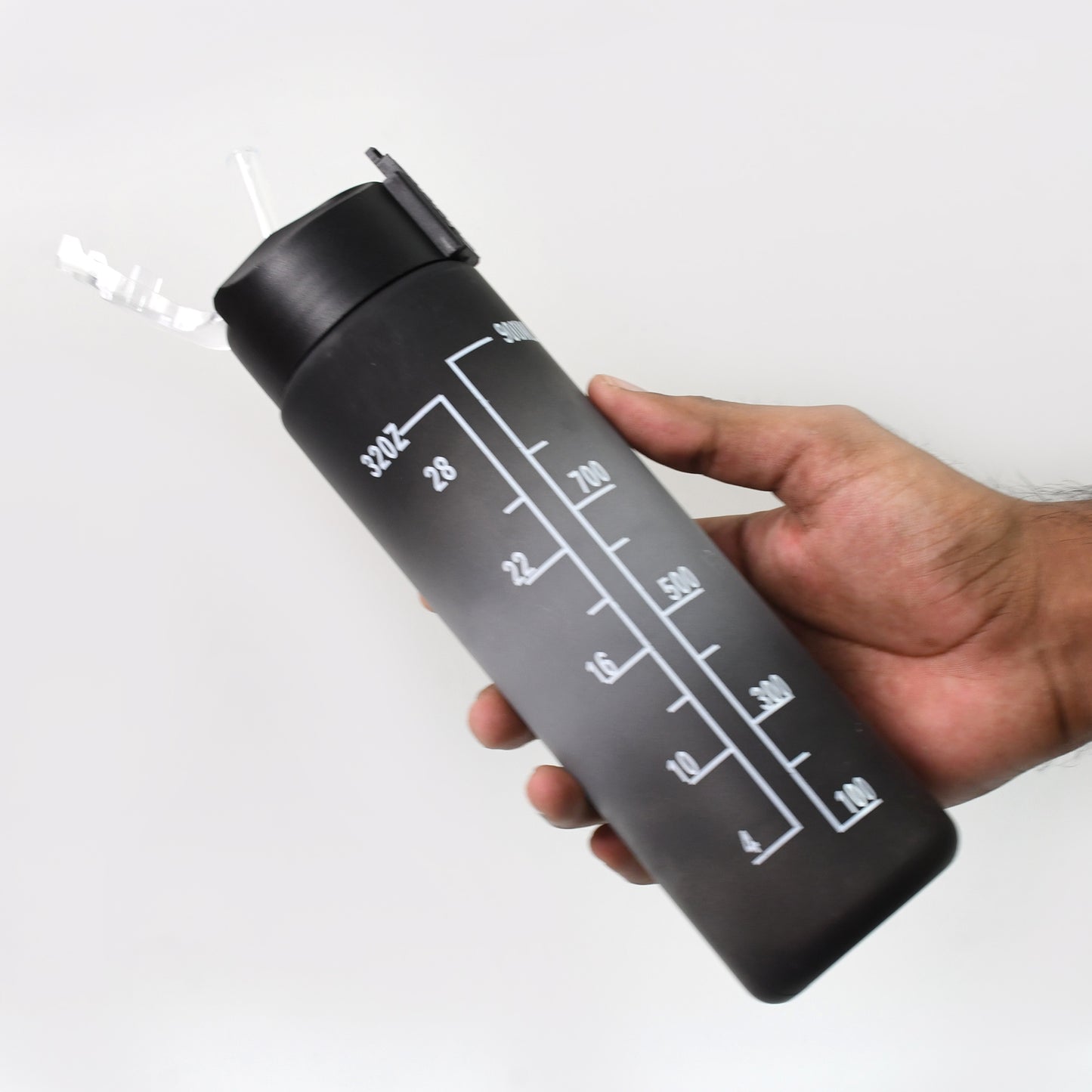Black plastic Wukusy motivational water bottle with straw, 900ml capacity, featuring a sleek design and easy-to-use drinking spout.