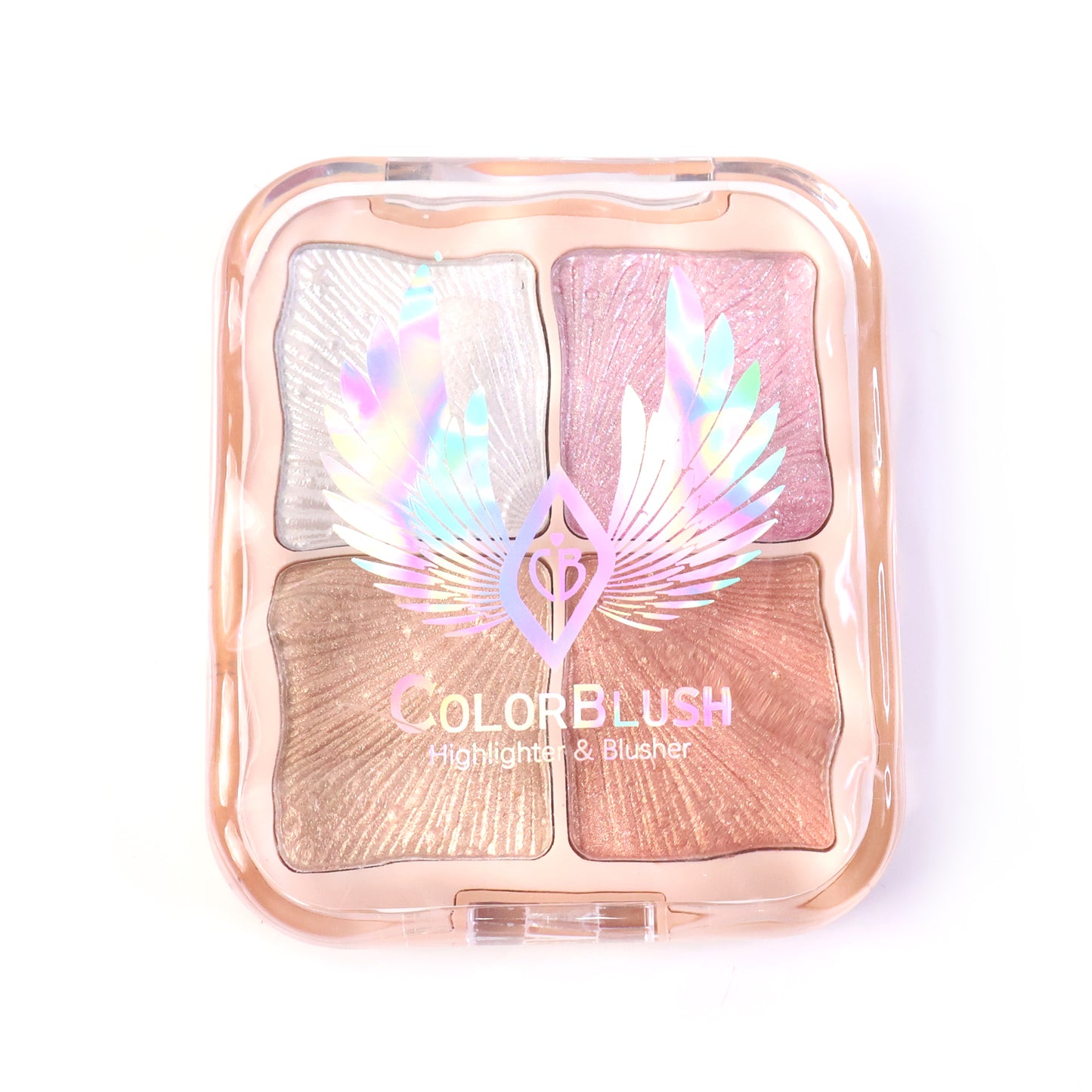 Wukusy 4-in-1 shimmer highlighter and illuminator palette with four shades in a 12g compact, showcasing glowing, radiant makeup.