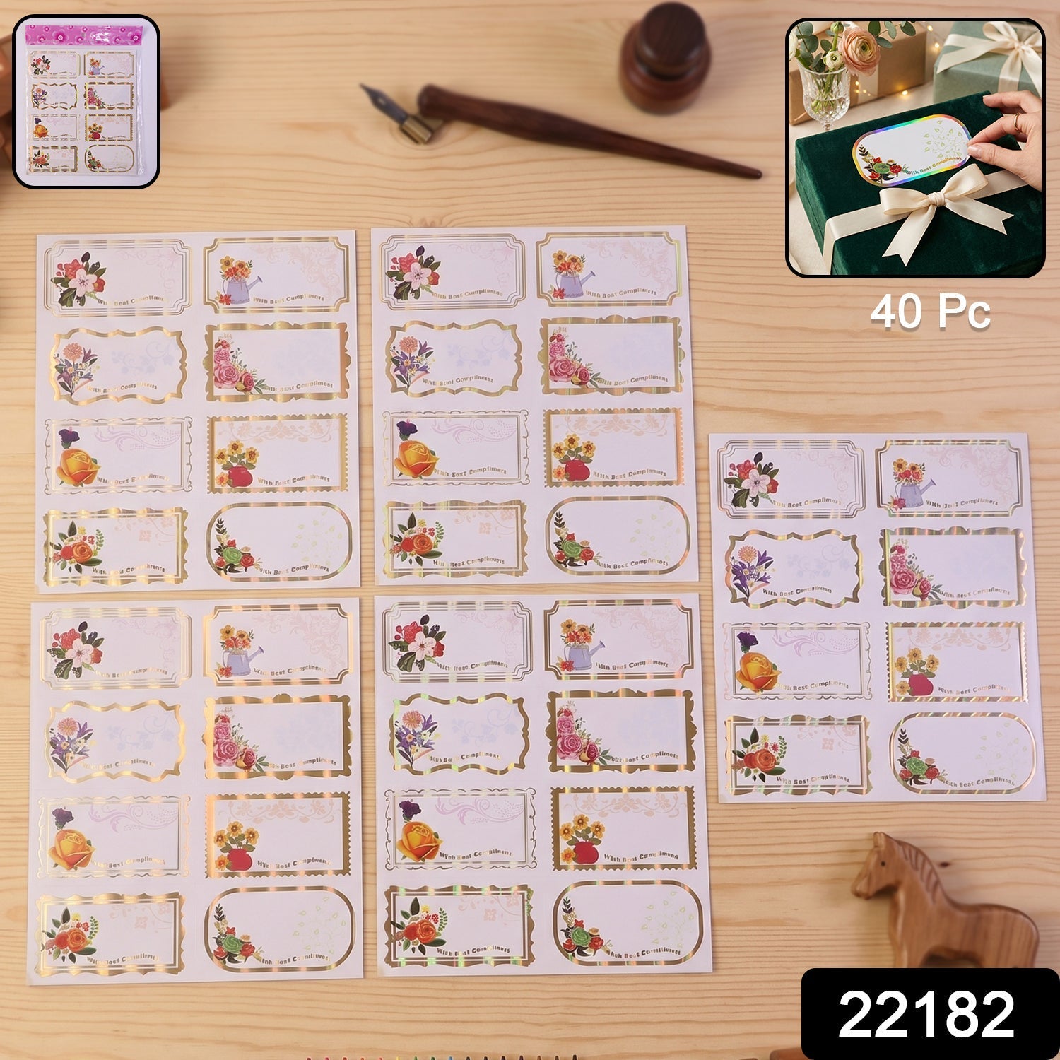 Set of 40 Wukusy gift tag stickers featuring floral foil labels with best compliments for gifting and decoration.