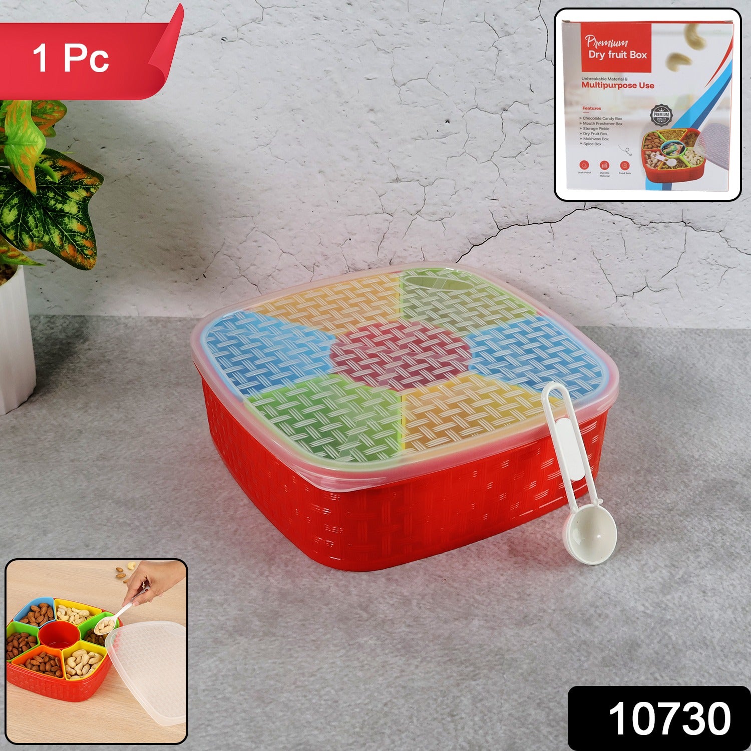 Wukusy 7-in-1 dry fruit snack box with spoon, compact storage container for nuts and dried fruits, ideal for home use