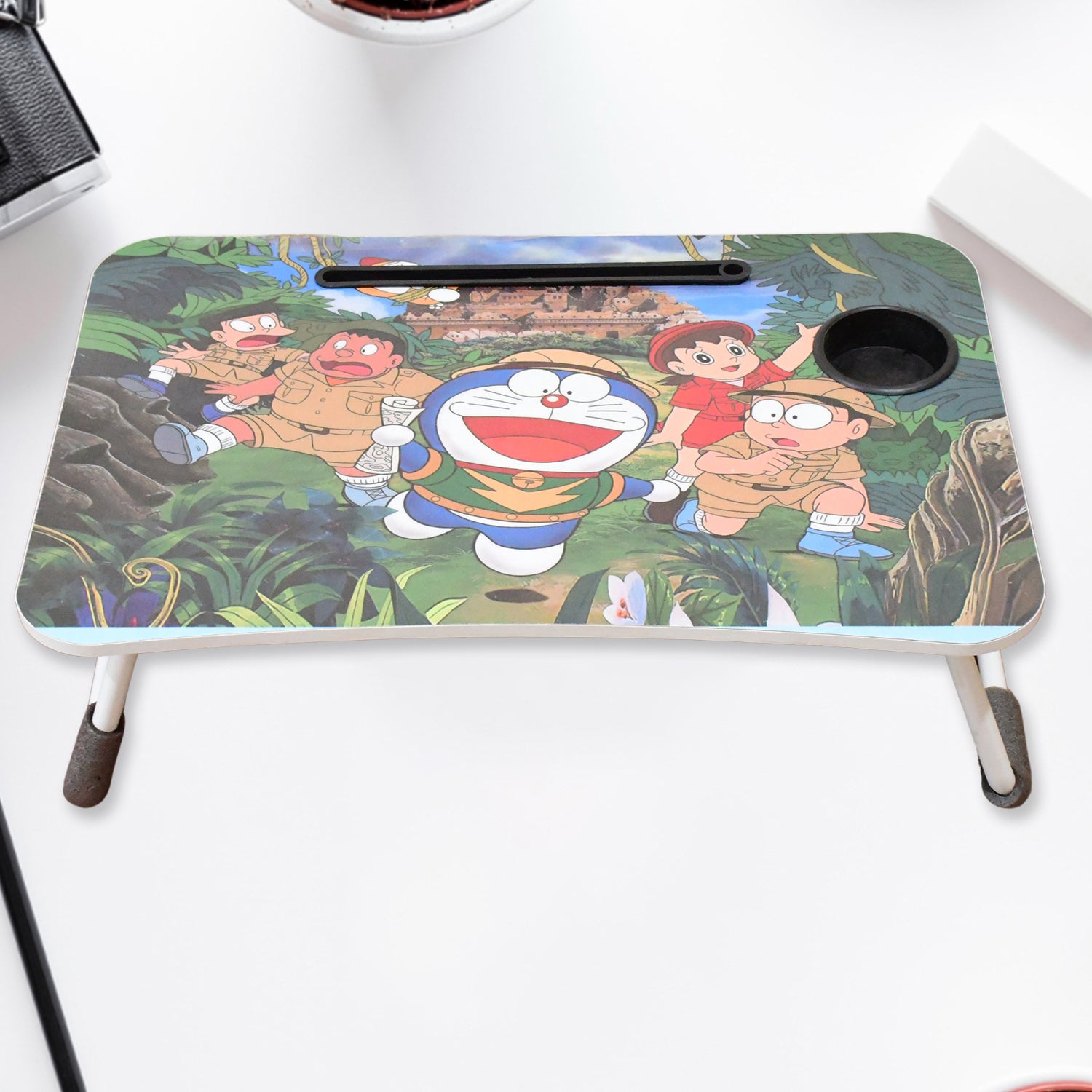 Wukusy multi-purpose office laptop desk with foldable cupholder and drawer, featuring a colorful cartoon design and compact size.