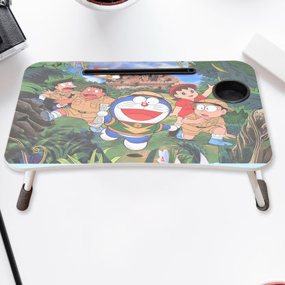 Wukusy multi-purpose office laptop desk with foldable cupholder and drawer, featuring a colorful cartoon design and compact size.