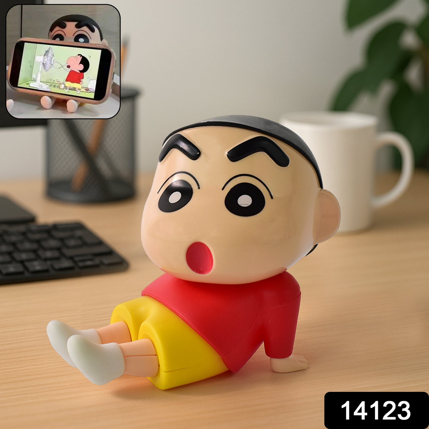 Wukusy Shinchan character sitting figurine, detailed cartoon-style figure showcasing Shinchan’s playful pose and vibrant colors.