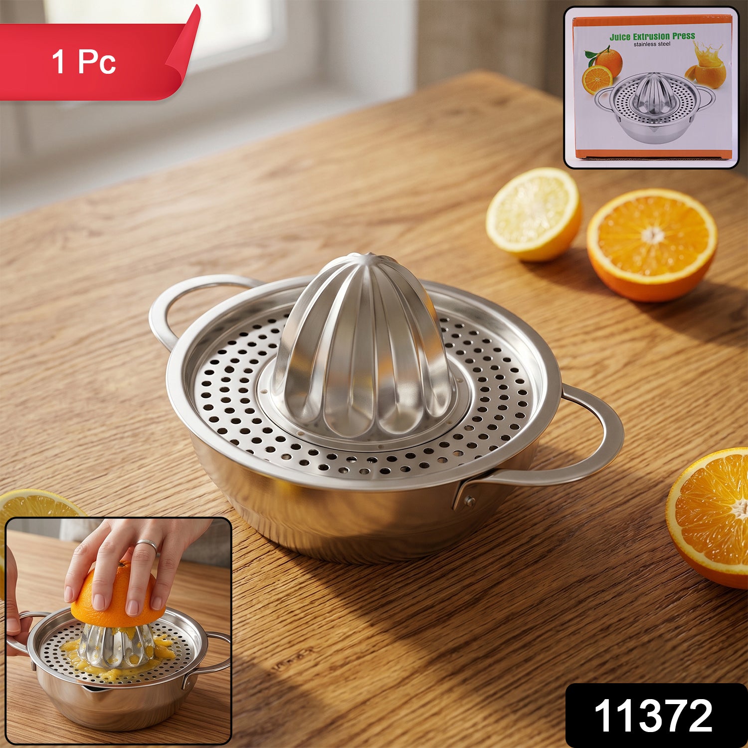 Wukusy stainless steel citrus juicer with manual hand press for fresh orange and lemon juice, easy to use and durable.