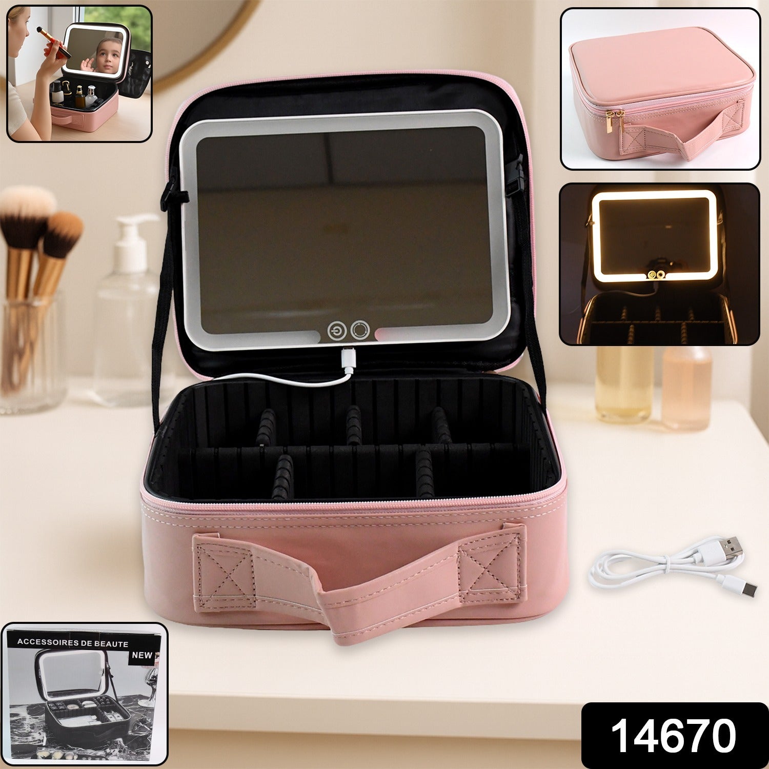 Pink premium LED light makeup organizer box by Wukusy with compartments for cosmetics and a built-in LED lighting system.