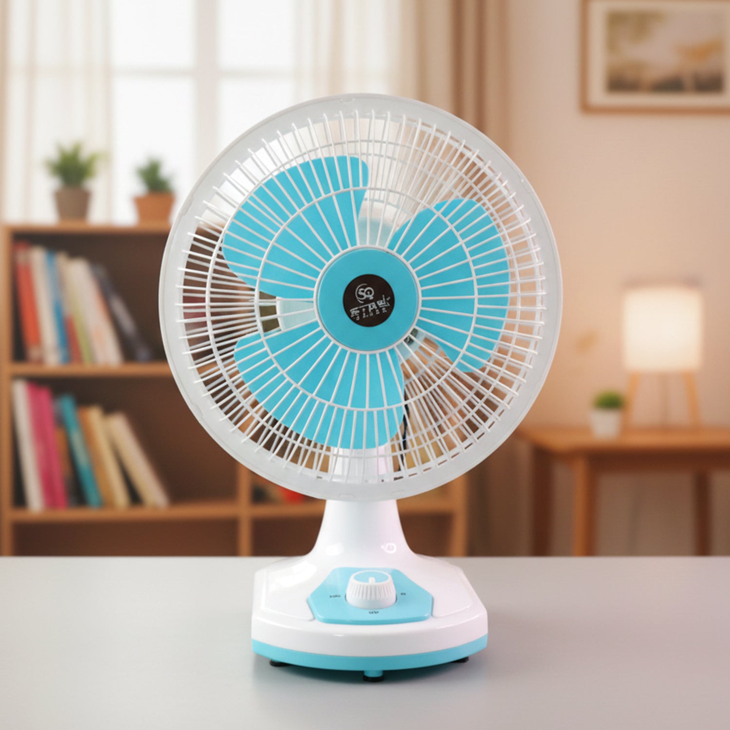 Wukusy 12V DC table fan with adjustable speed control and high airflow, shown on a desk with blades and control knob visible.