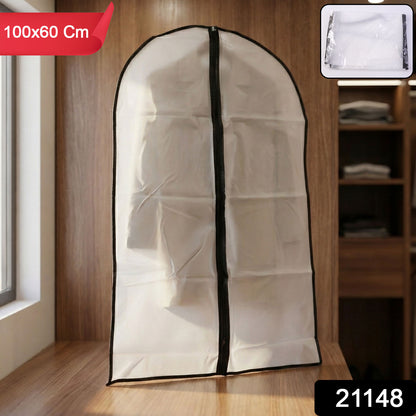 Clear Wukusy garment cover with front zipper, 100x60cm, showing transparent material and zipper closure for clothing storage.