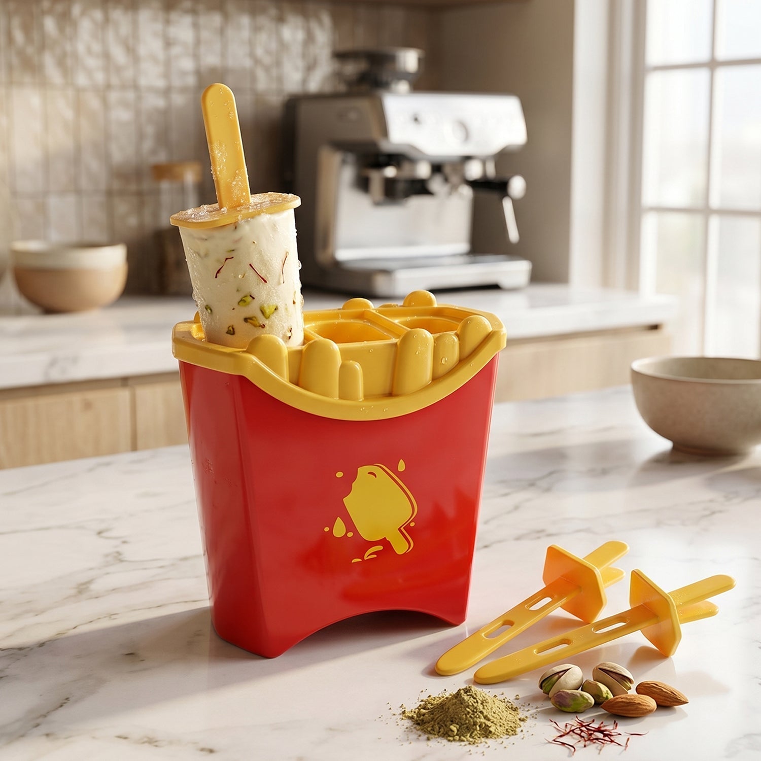 Wukusy French fries shape ice popsicle mould set with three reusable kulfi ice cream molds on a white surface.