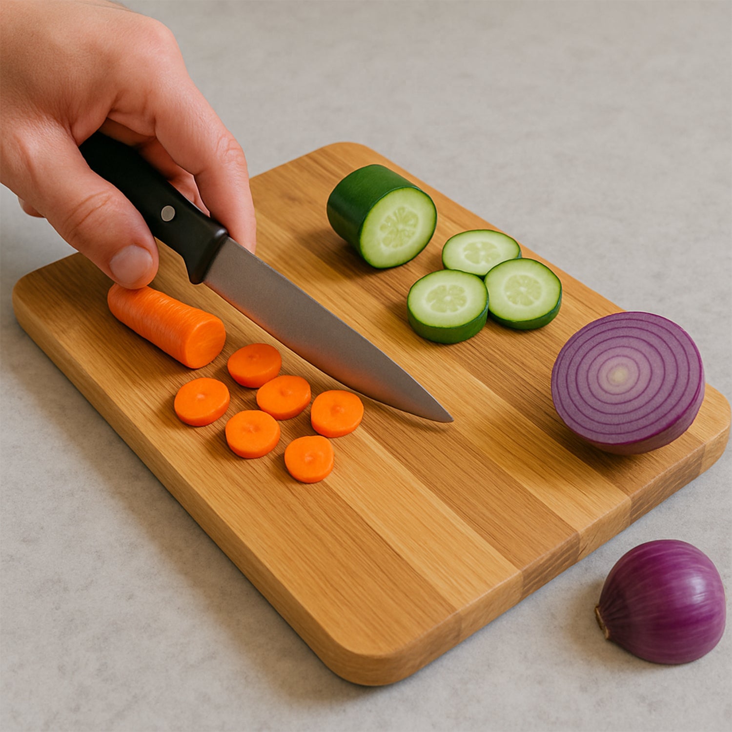 Wukusy Apex Steel Oak Cutting Board with wooden handle, durable kitchen prep surface, natural wood and steel design.