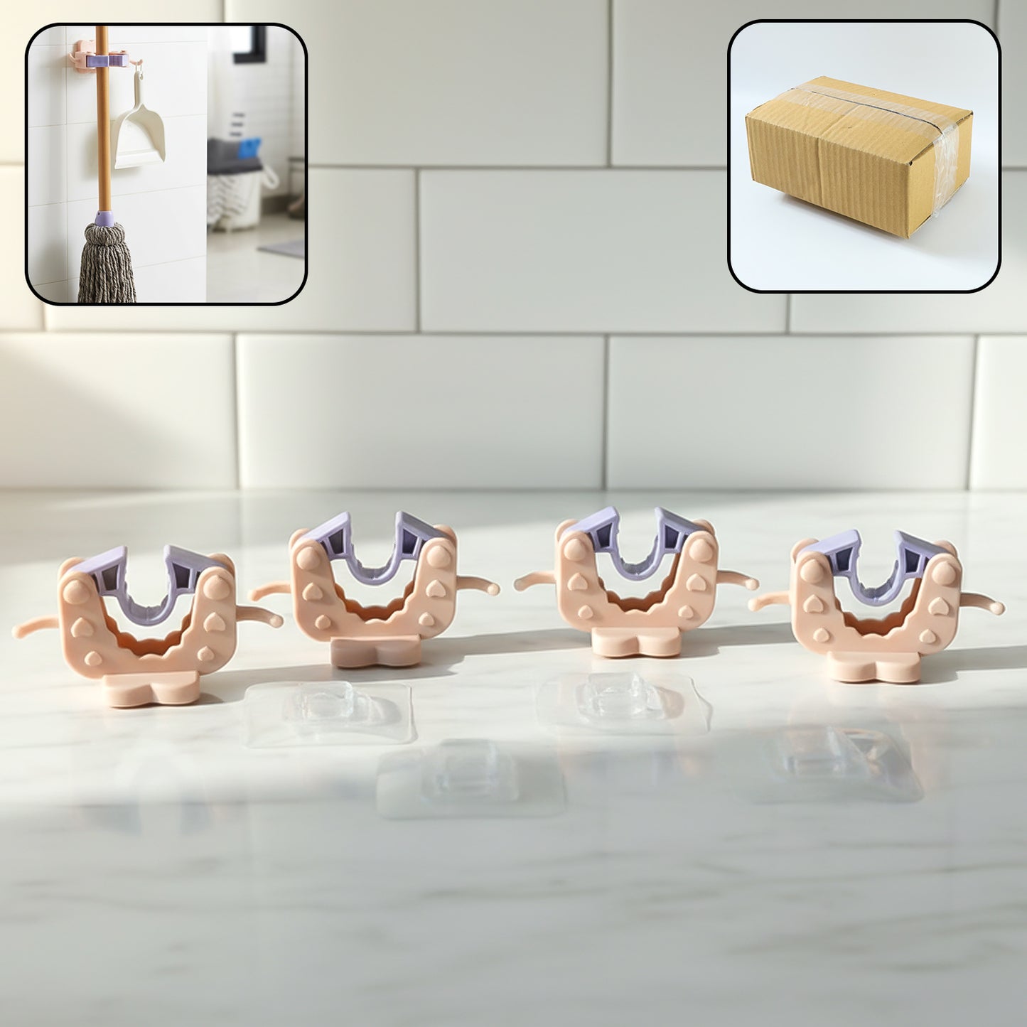 Wall mounted broom and mop holder clips by Wukusy, four-piece set, showing sturdy plastic clips for organizing cleaning tools.