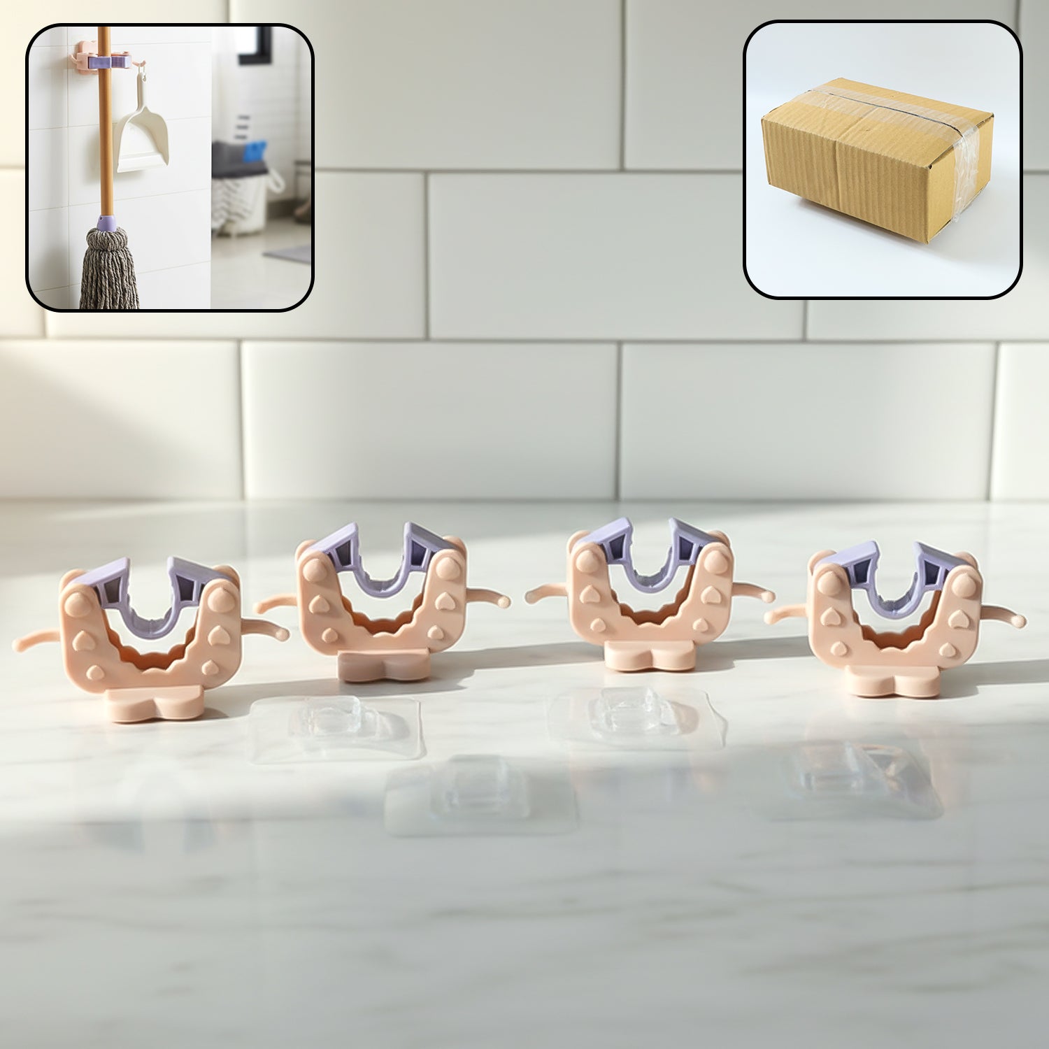 Wall mounted broom and mop holder clips by Wukusy, four-piece set, showing sturdy plastic clips for organizing cleaning tools.