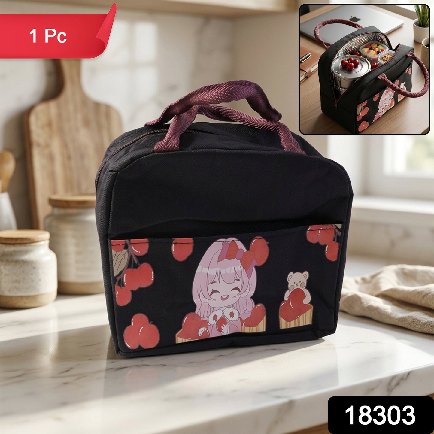 Insulated lunch bag with cute cartoon design by Wukusy, showing colorful character prints on a lightweight, portable food container.