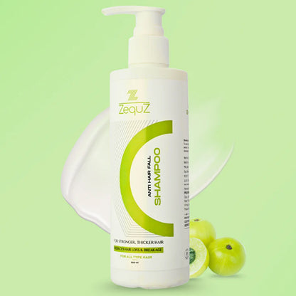Wukusy Zequz Anti Hair Fall Shampoo bottle, 250ml, in a clear container with a white and blue label, suitable for healthy hair.