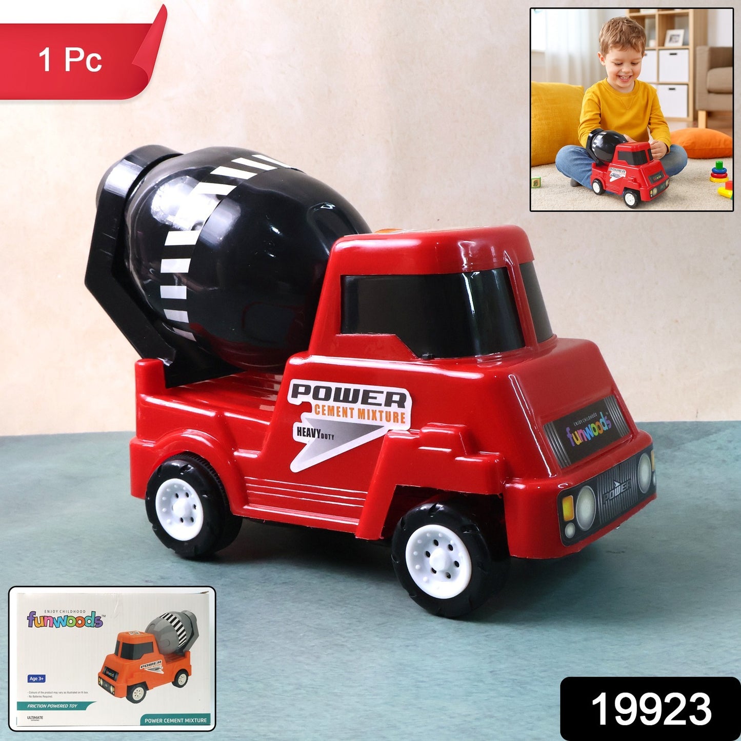Wukusy Funwoods Kids Power Cement Mixture Toy Truck in bright colors, designed for children to simulate construction play.