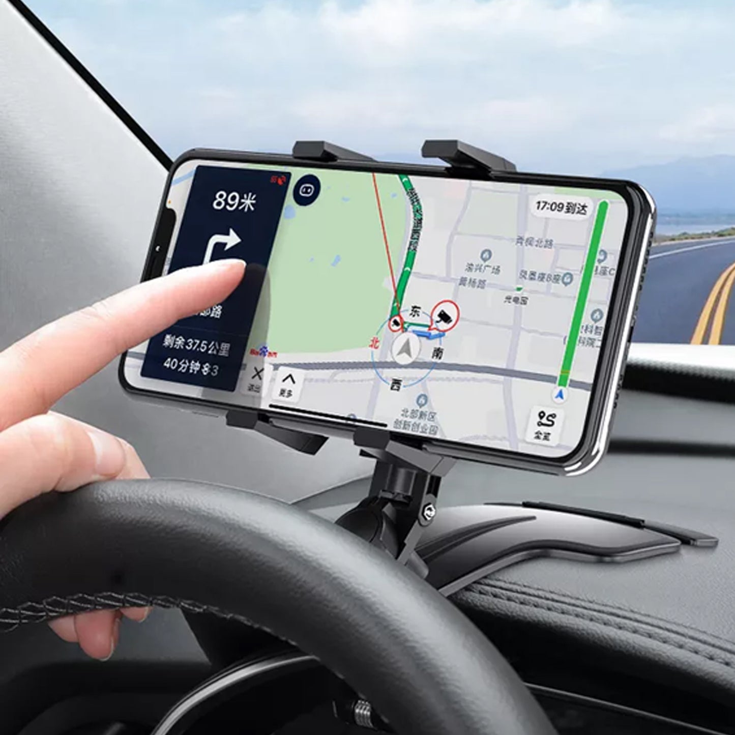 Wukusy 6281 car mobile phone holder mount with 360-degree rotation, stable on car dashboard, one-hand operation for mobile devices.