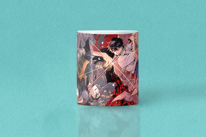 Ceramic coffee mug featuring Yuta and Suguru from Jujutsu Kaisen anime, with detailed character artwork for tea or coffee.