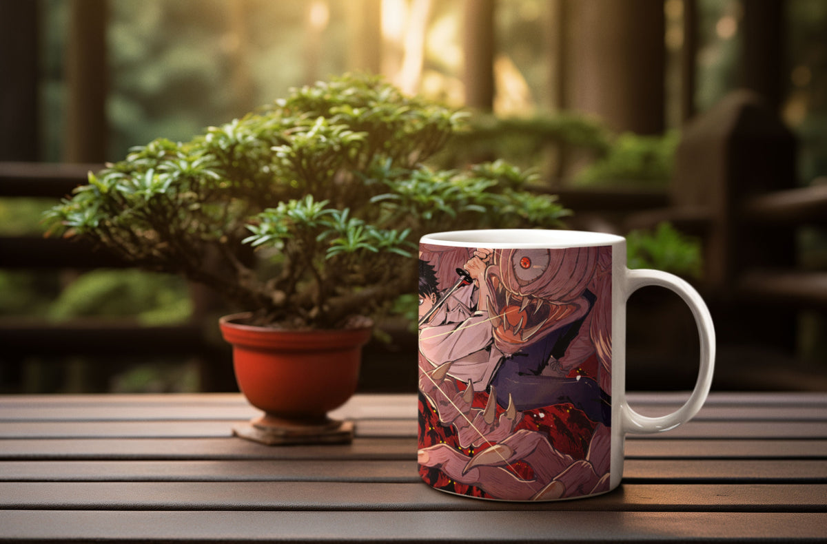 Ceramic coffee mug featuring Yuta vs Suguru from Jujutsu Kaisen anime, with colorful character artwork for tea or coffee.