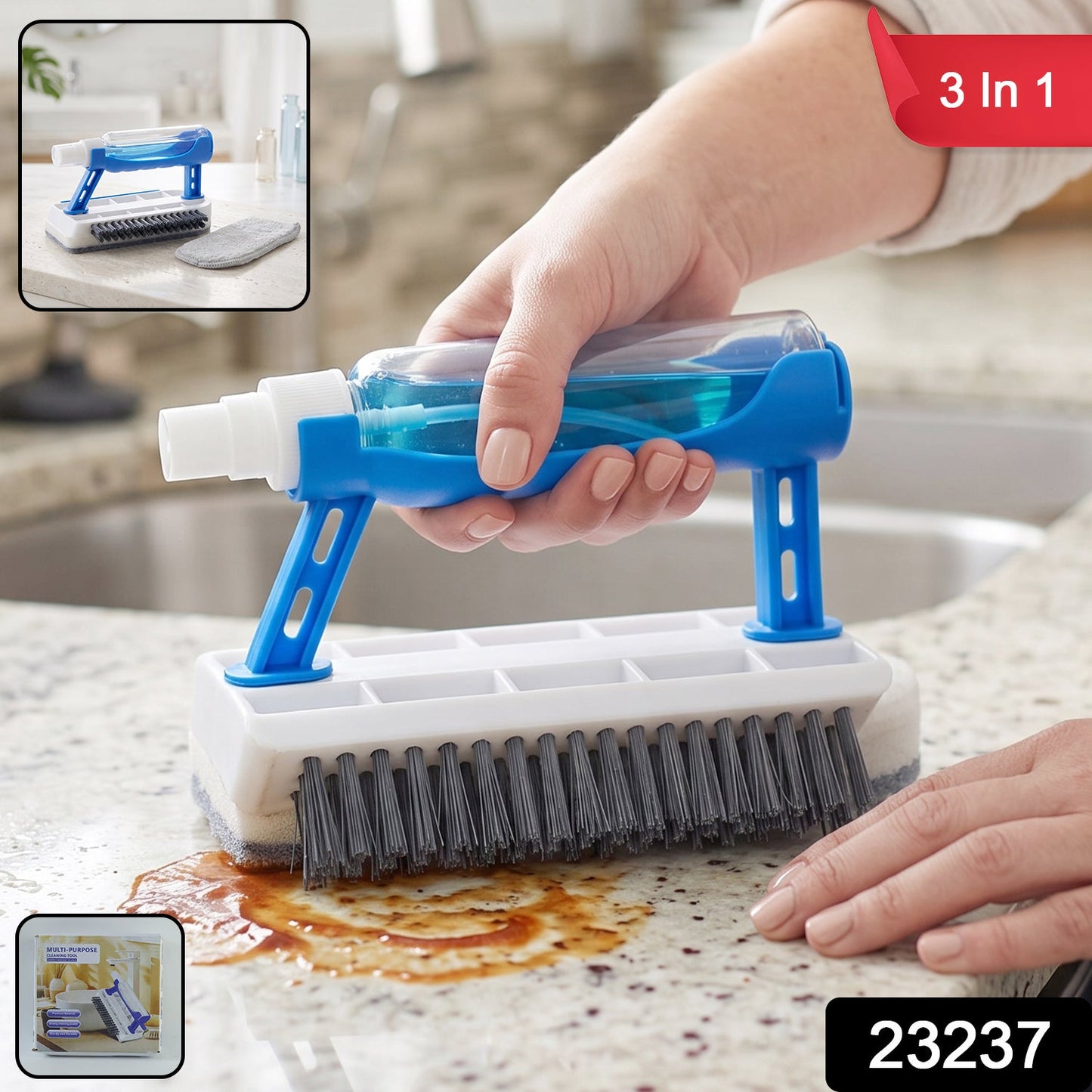 Wukusy 3-in-1 multi-purpose cleaning brush with soap dispenser, sponge, and scrubber for kitchen and bathroom cleaning.