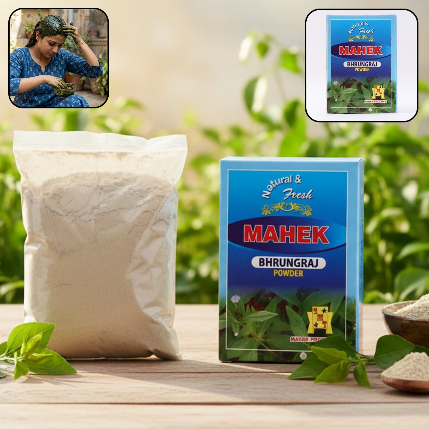 Wukusy Natural Bhringraj Powder for traditional hair care, 80g, in a clear container with vibrant packaging and fresh powder inside.