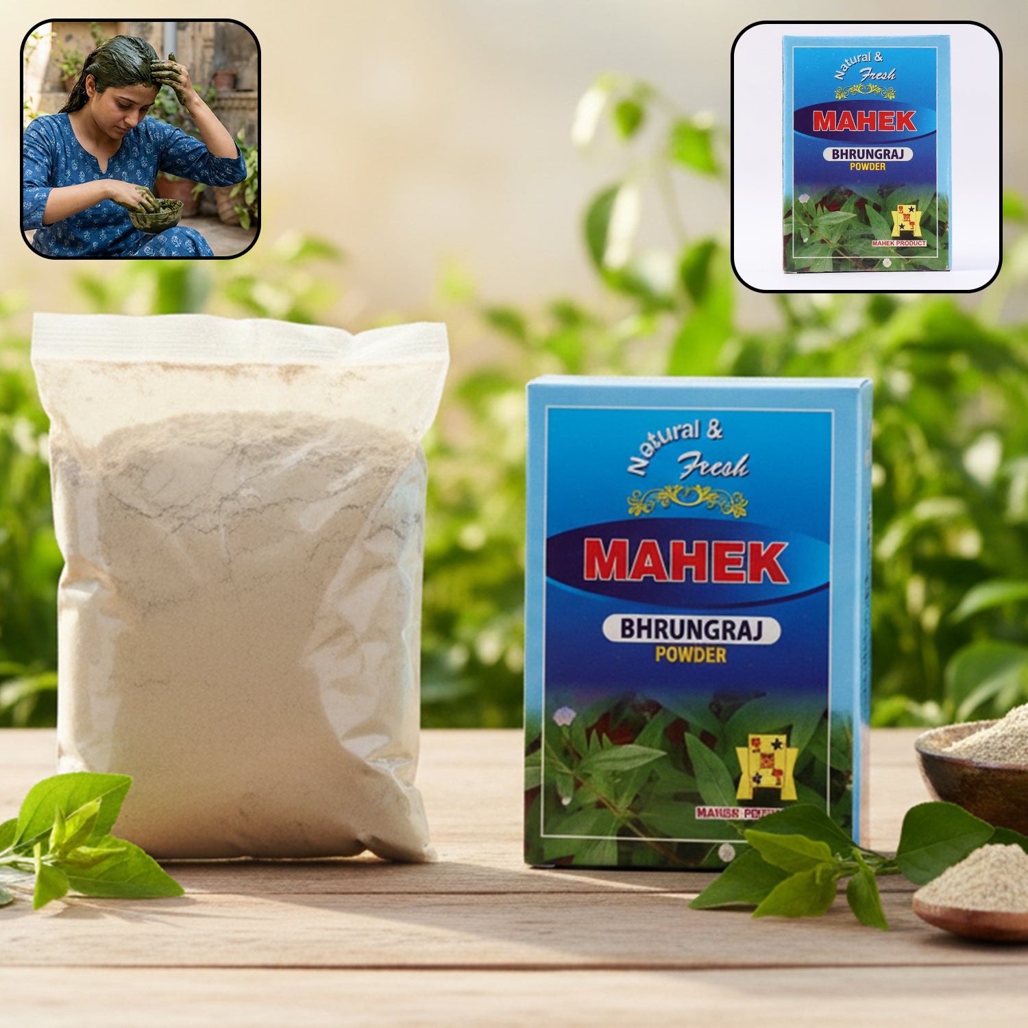 Wukusy Natural Bhringraj Powder for traditional hair care, 80g, in a clear container with vibrant packaging and fresh powder inside.
