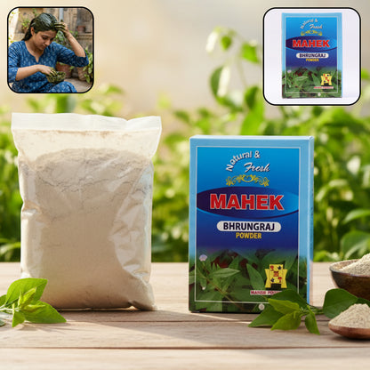 Wukusy Natural Bhringraj Powder for traditional hair care, 80g, in a clear container with vibrant packaging and fresh powder inside.
