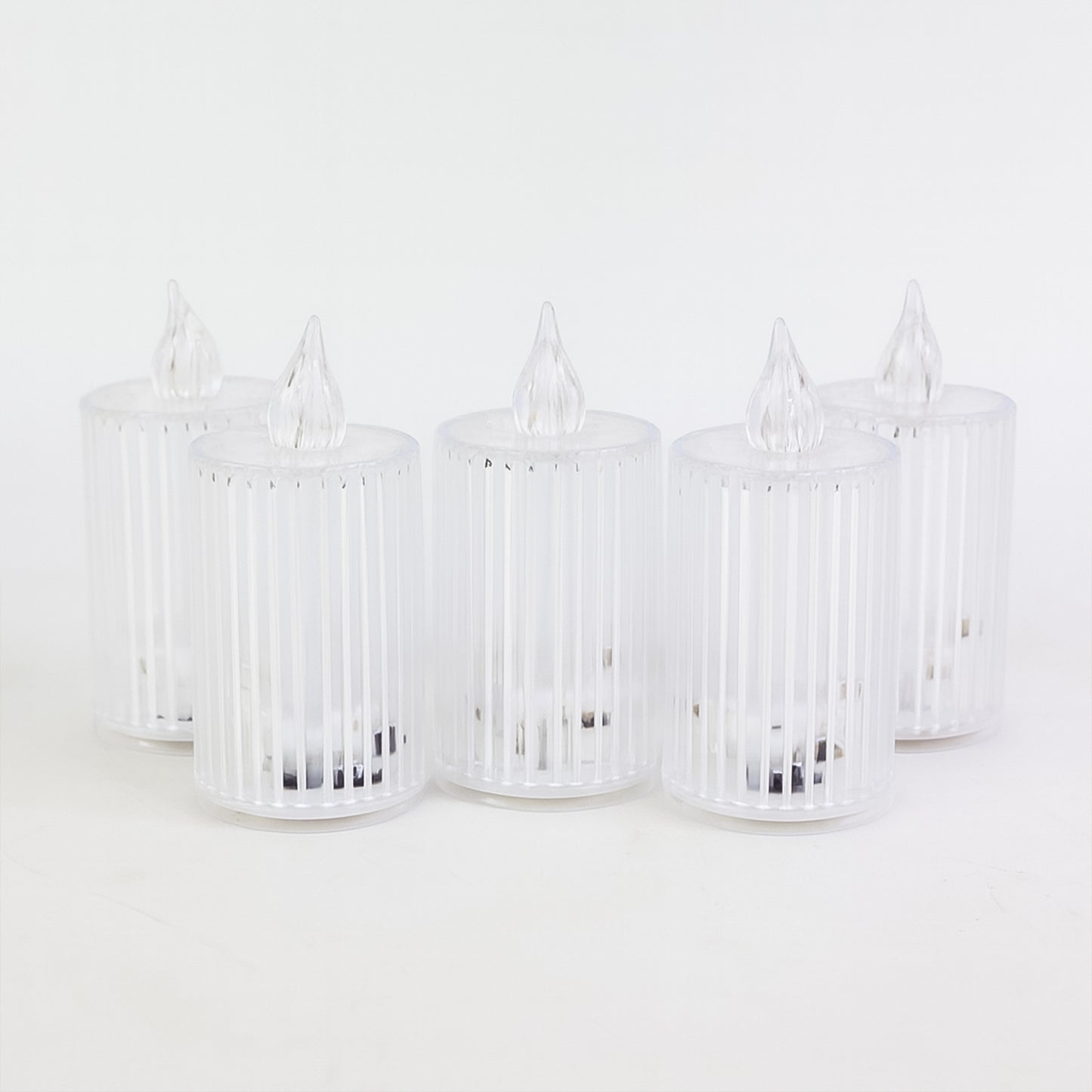 Set of five Wukusy crystal effect LED flameless candles for home decor, showcasing warm ambient lighting and realistic flame effect.