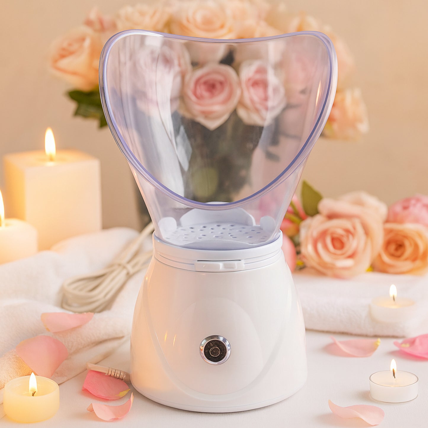 Wukusy Orbit Professional Facial Steamer 130W for skincare, showing the sleek white device with steam outlet and control panel.
