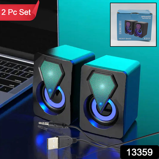 Wukusy RGB desktop speakers, plug-and-play USB-powered 2-piece set with colorful lighting, for computer audio enhancement.
