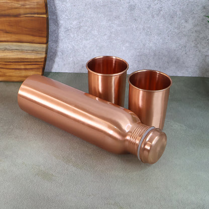 Wukusy copper water bottle with two glasses and gift box, set of 3, featuring polished copper finish and elegant design