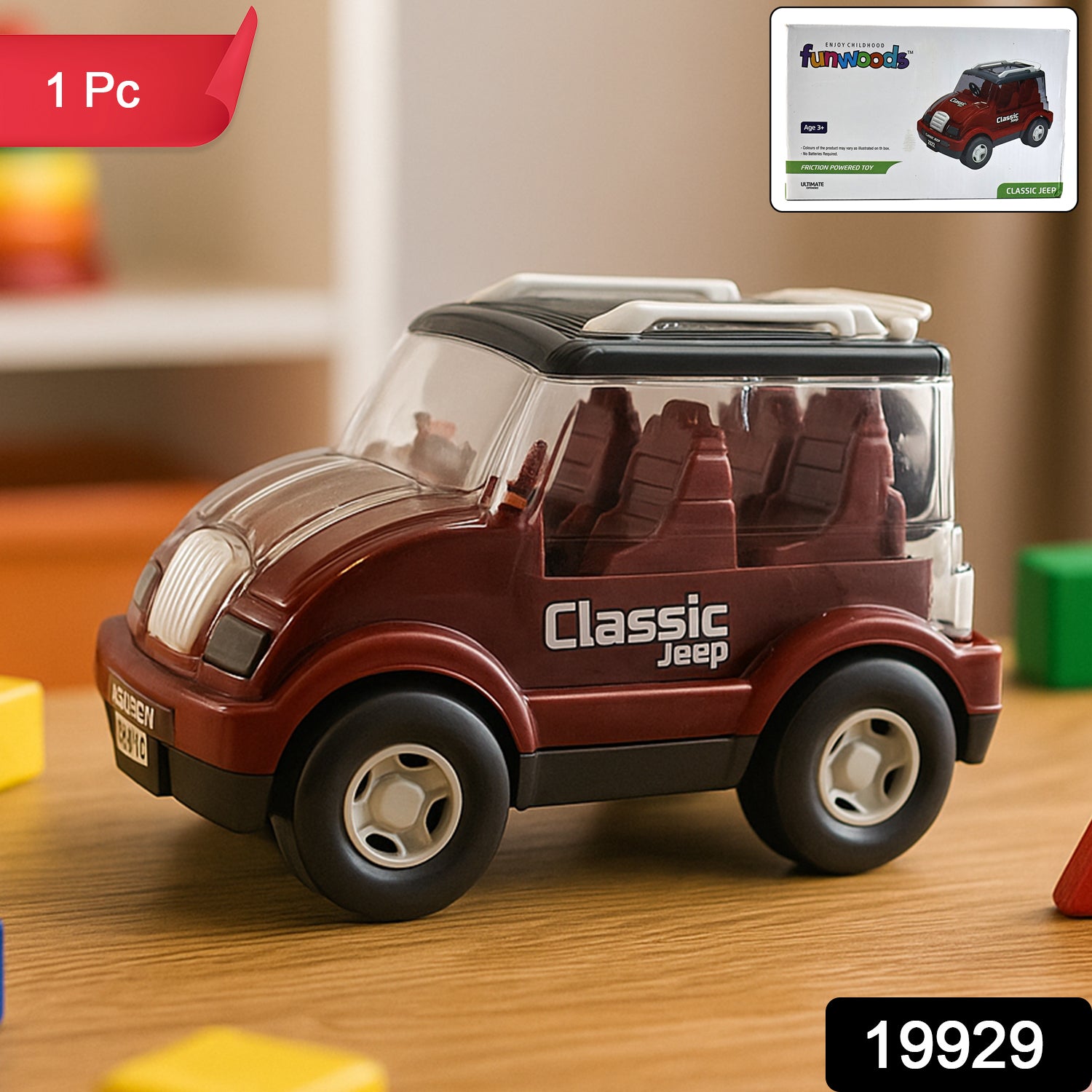 Friction-powered classic Jeep toy car for kids by Wukusy, shown in vibrant green with detailed exterior and sturdy wheels.