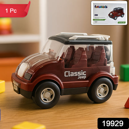 Friction-powered classic Jeep toy car for kids by Wukusy, shown in vibrant green with detailed exterior and sturdy wheels.