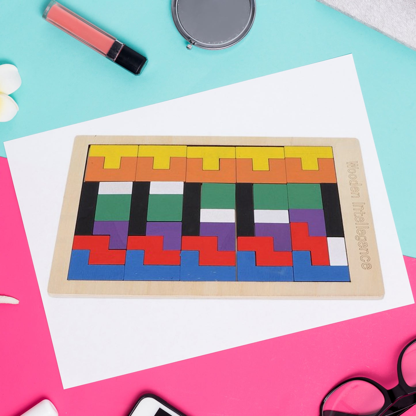 Wukusy wooden block puzzle for children featuring colorful Russian-style blocks for educational play and brain development.